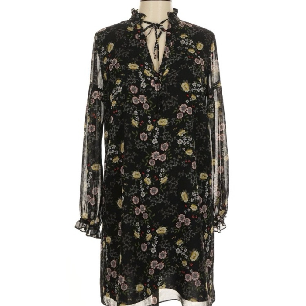 1. State Black Floral Ruffle Collar Tie Neck Long Sleeve Shift Dress - Boho